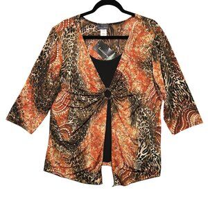 Brittany Black 3X Animal‎ Floral Top Sequins Y2K Layered Whimsical Orange Brown